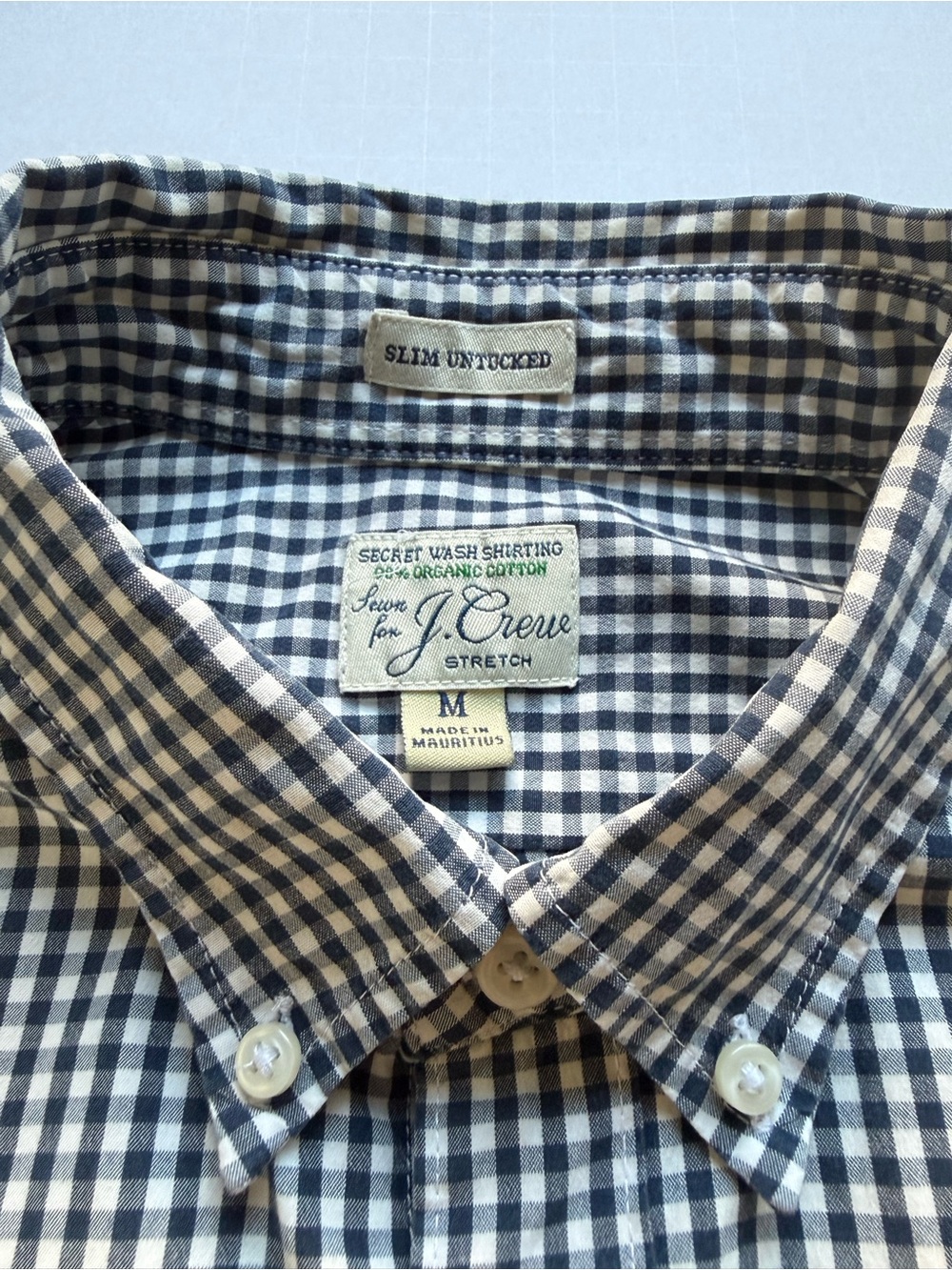 J. Crew Navy and White Organic Cotton Gingham Button-Down Shirt, Size M - Picture 3 of 9